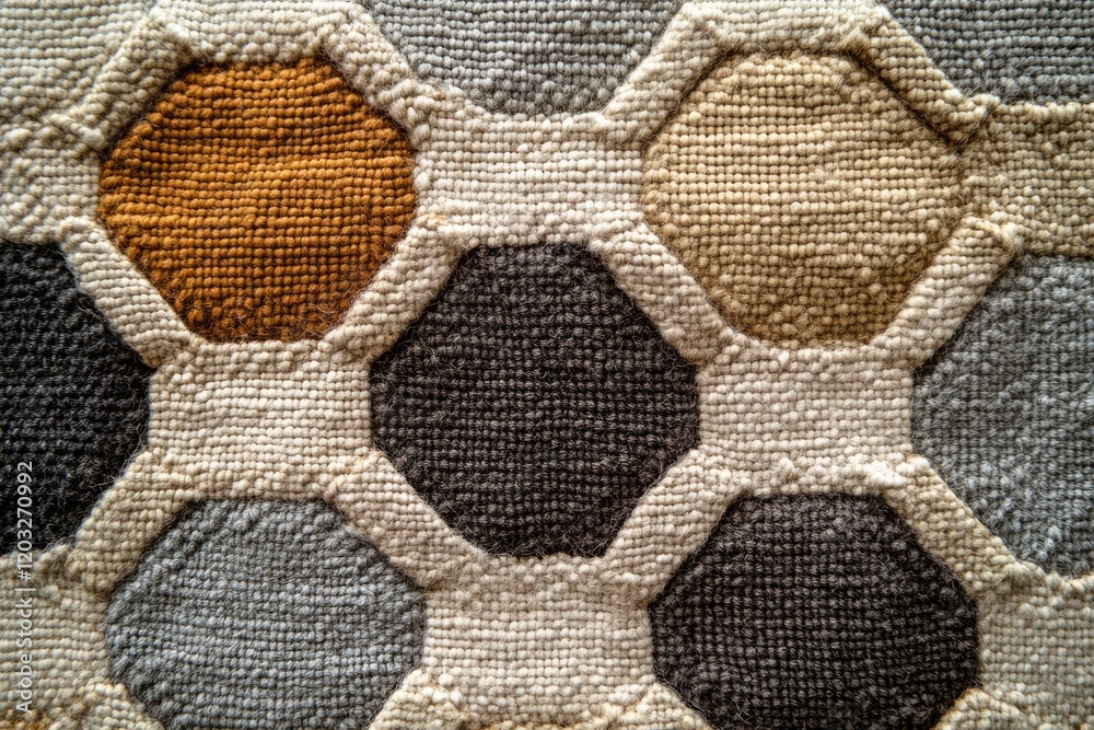 Aufkleber close-up of a textured rug with a hexagonal pattern in muted earth tones.