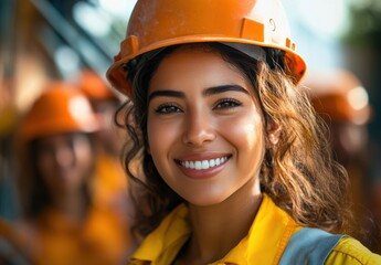 Bright and Cheerful Female Construction Worker in Safety Gear Smiling at Camera on Worksite Surrounded by Colleagues Wearing Hard Hats and Work Uniforms