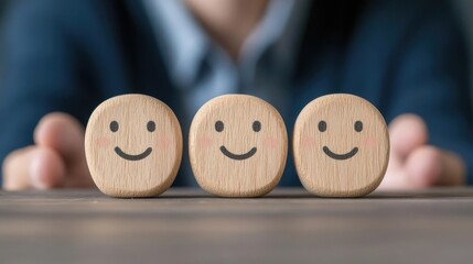 Happy customers, positive feedback, wooden blocks, office background, business success