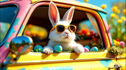 Cute Easter Bunny with sunglasses looking out of a car filed with easter eggs - Powered by Adobe