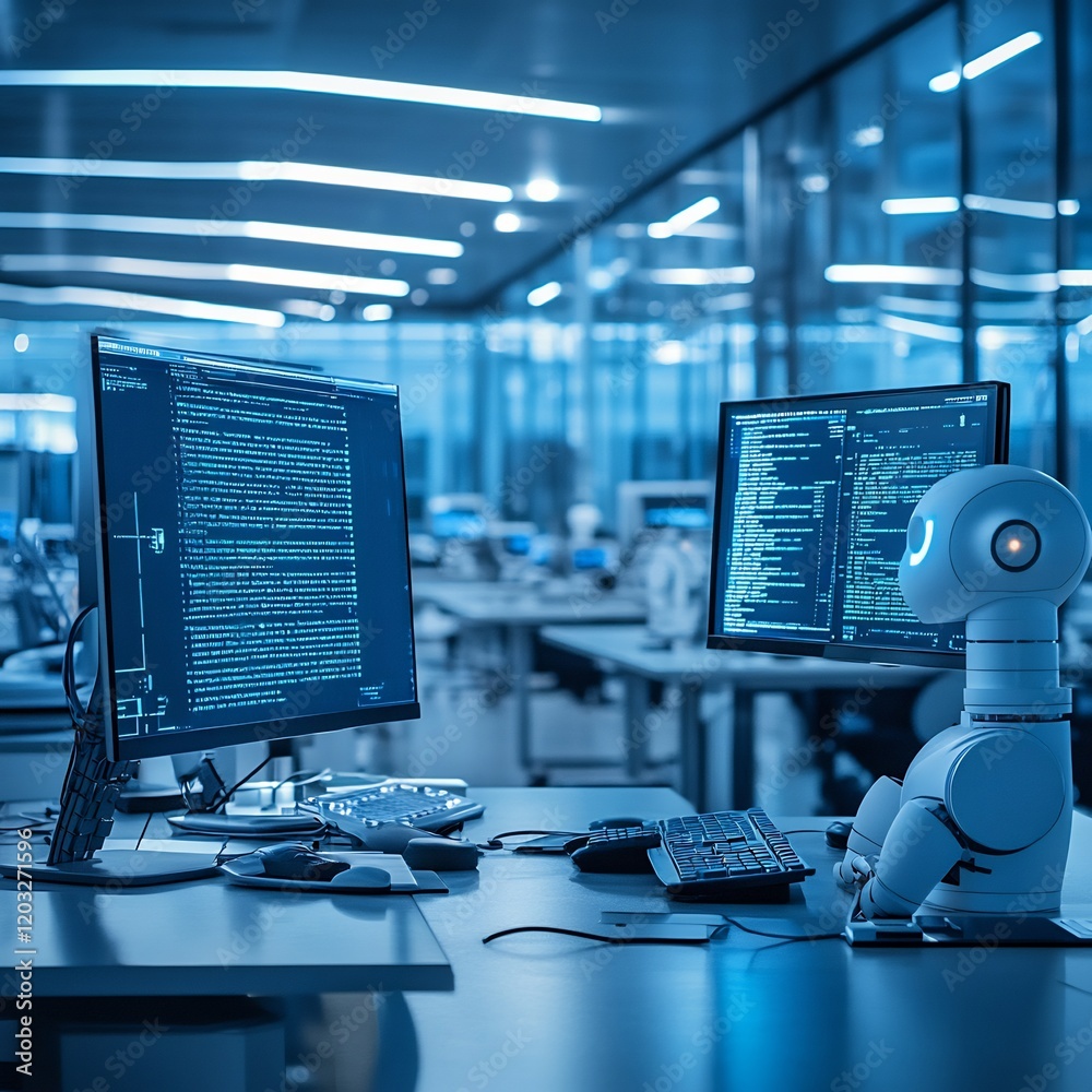 Fototapete hightech office setting where ai chatbots are interacting on computer screens exchanging messages in