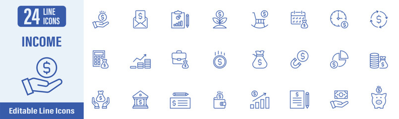 Income web icons in line style. Income, money, paycheck, pension, accounting, salary, profit, tax and more. Vector illustration.