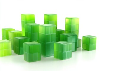Obraz premium A vibrant arrangement of green translucent cubes on a reflective surface creating a modern aesthetic