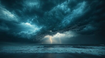Dramatic stormy ocean scene with lightning.