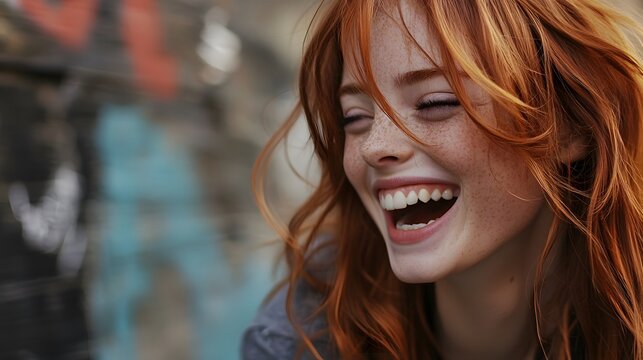 Red haired woman laughing with freckles