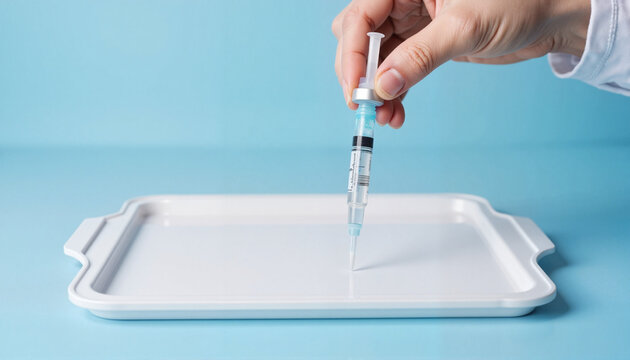 Preparing vaccination shot on sterile tray, promoting health awareness