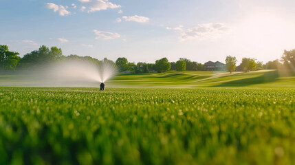 wide angle shot of sprinklers in action on lush green golf course, showcasing vibrant grass and serene landscape under clear blue sky