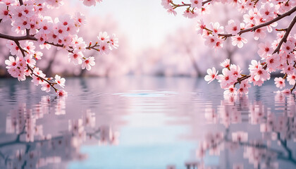 Fototapeta premium Serene cherry blossoms reflected in calm water, nature's tranquility