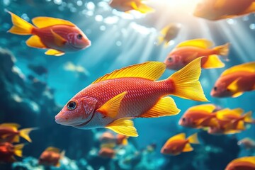 Vibrant Orange Fish Swimming in Sunlit Underwater Scene with Coral Reefs