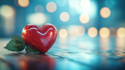 Red heart with leaf on table, bokeh background, Valentine's Day card