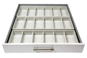 White divided drawer organizer with multiple compartments isolated with transparent background