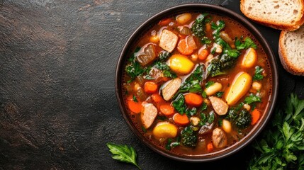 Hearty vegetable and sausage soup in bowl
