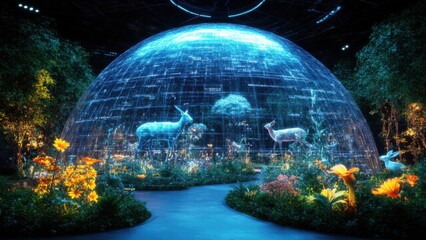 Dome showcases holographic animals and plants interacting with visitors, symbolizing the preservation of endangered species through digital innovation