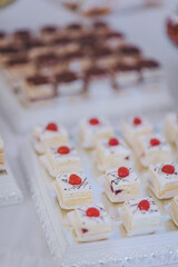 Buffet with a variety of delicious sweets, food ideas, celebration. Delicious sweets on wedding candy buffet with desserts
