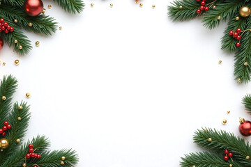 clean white background with green pine branches red berries ornaments