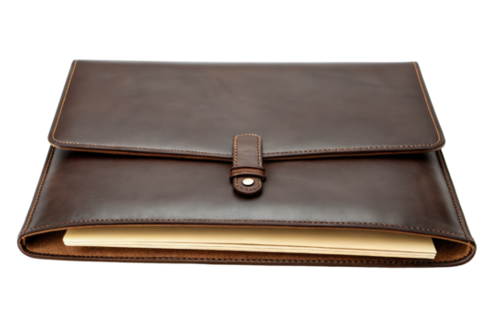 Brown leather portfolio with documents isolated with transparent background