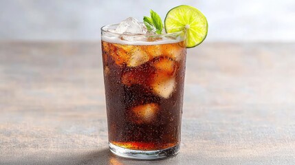 Refreshing iced cola drink with lime, close-up