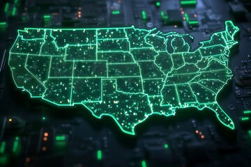 Fototapeta premium Neon illuminated map of United States showcasing high tech digital connectivity and urban concentration across the country