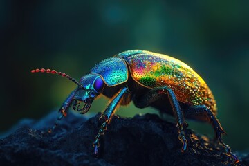 Fototapeta premium A vibrant, iridescent beetle with stunning colors, showcasing intricate details in a close-up shot.