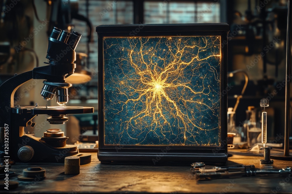 Poster a vintage microscope and a display showcasing a neuron's intricate network, highlighting scientific 