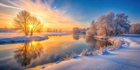 Serene Winter Landscape with Sunrise, early morning light, winter wonderland