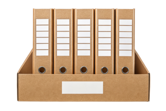 Five file folders in a cardboard box isolated with transparent background - Powered by Adobe