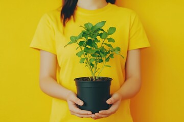 A pot with a houseplant, close-up, in the hands of a young girl. A gardener or florist holds a pot with a plant in his hands.
