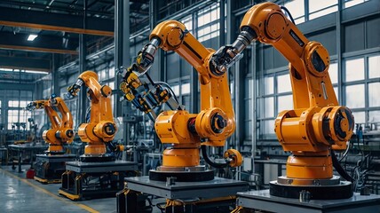 Smart industry robot arms modernization for innovative factory technology . Concept of automation manufacturing process of Industry 4.0 or 4th industrial revolution and IOT software control operation.