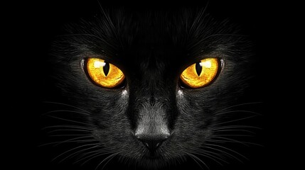 Close-up of a black cat with striking yellow eyes, dark background.