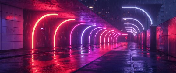 Neon-lit, rain-soaked urban alleyway at night.