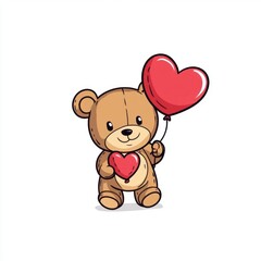 Fototapeta premium Cute teddy bear holding a heart balloon on a white background.
