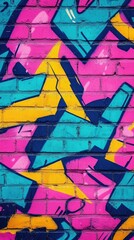 Fototapeta premium Vibrant Urban Graffiti Art on a Brick Wall with Bold Pink, Blue, and Yellow Colors
