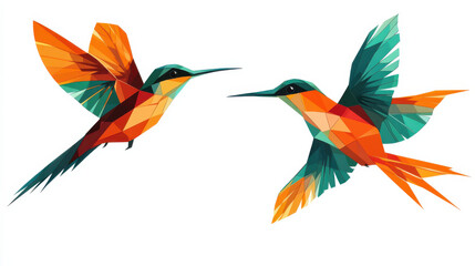 Obraz premium Simplistic bird silhouettes, multicolor geometric shapes creating vibrant feathers, dynamic angles with a focus on bright orange and teal tones
