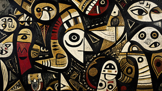 An intricate design of geometric shapes in bold contrasting colors arranged in layers that create depth and movement 