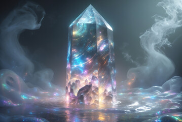 Mesmerizing Crystal Monolith Reflecting Swirling Vortex of Timelines with Shimmering Patterns and Glimpses of Past, Present, and Future in a Kaleidoscopic Display of Colors