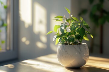 Sunlight illuminates potted plant on table near window.