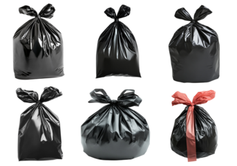 Various black garbage bags, some tied with red ribbons, isolated on transparency background. bags are in different shapes and sizes, reflecting diverse uses for waste disposal