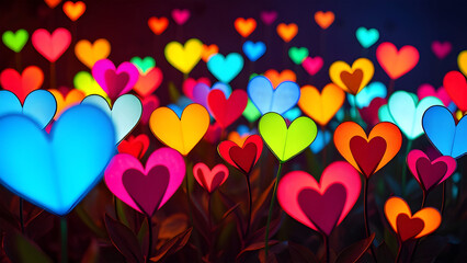 16:9 oil painting style and 2d graphics, compositions of many different shapes and sizes of hearts, neon colors create high contrast on dark backgrounds. 