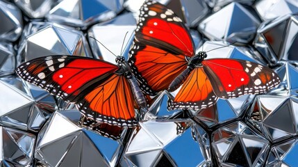 Fototapeta premium Butterfly resting on shiny geometric shapes, vibrant orange and black colors.