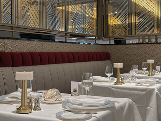Art Deco interior design style furniture, carpets and paneling onboard modern ocean liner...