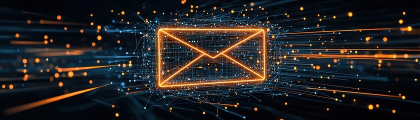 Obraz premium A glowing email icon surrounded by dynamic, colorful streaks, symbolizing fast communication in a digital landscape.