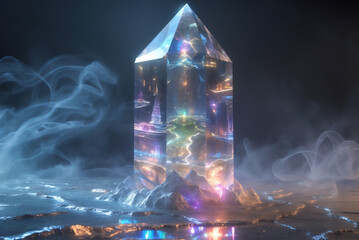 Mesmerizing Crystal Monolith Reflecting Swirling Vortex of Timelines with Shimmering Patterns and Glimpses of Past, Present, and Future in a Kaleidoscopic Display of Colors
