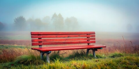 Obraz premium A weathered red bench shrouded in misty fog