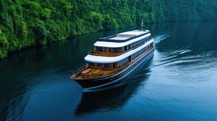 Obraz premium Luxury river cruise experience scenic waterway travel photography tropical environment aerial view adventure concept