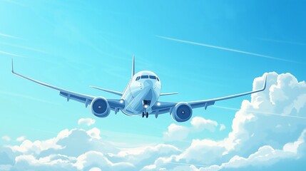 Fototapeta premium Illustration of a Detailed Passenger Airplane Flying Overhead with a Light Blue Sky Background, Airplane Soaring Through a Clear Light Blue Sky, Airplane photo Against a Clean Light Blue Gradient Sky