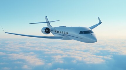 Obraz premium Illustration of a Detailed Passenger Airplane Flying Overhead with a Light Blue Sky Background, Airplane Soaring Through a Clear Light Blue Sky, Airplane photo Against a Clean Light Blue Gradient Sky