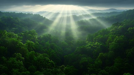 Serene landscape of dense green forest illuminated by sunrays piercing through clouds
