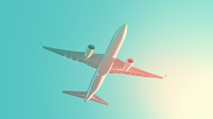 Obraz premium Illustration of a Detailed Passenger Airplane Flying Overhead with a Light Blue Sky Background, Airplane Soaring Through a Clear Light Blue Sky, Airplane photo Against a Clean Light Blue Gradient Sky
