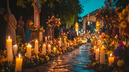 A tranquil Assumption Day procession with candles and floral wreaths.