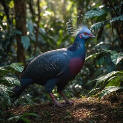 A crowned pigeon walking in a dense rainforest with dappled sunlight on the ground.